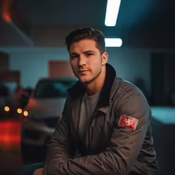 a young man in his car looking serious