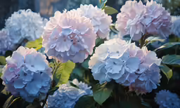 a close up of pink and white flowers with green leaves