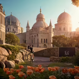 a couple of people riding bikes next to large buildings