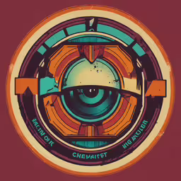 an image of a very colorful object with a big eye,a large circular design with the words cinema theater in it