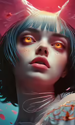 a woman with orange eyes in front of a pink background