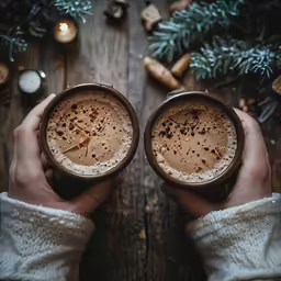 two hands holding mugs with cold beverages next to christmas trees