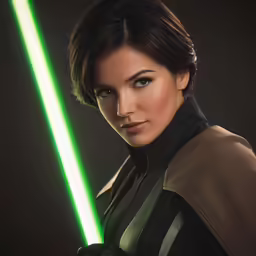 a woman in a star wars outfit holds a lightsaber