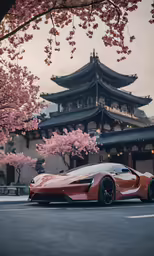 a red sports car sitting in front of a tall pagoda