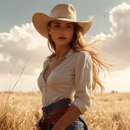 a young woman with long hair in a wide brimmed hat