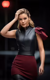 a beautiful woman wearing a dress with leather on it