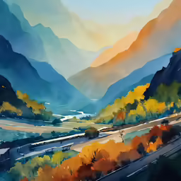 a painting of the mountains with a long road going through them