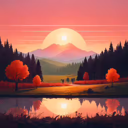 colorful illustration of sunset on an autumn day,a painting shows sunset with mountains and trees around a body of water