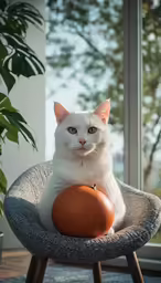 a white cat sitting on a chair with orange