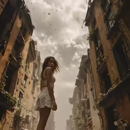 a woman in white dress walking on the side of street