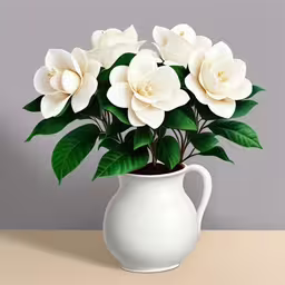 there are four white flowers in a vase,a white vase with several large flowers in it