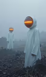 two people in white are standing outside with something