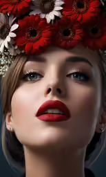 a woman wearing flower headpieces and makeup