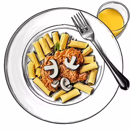 a plate of food with pasta with cheese and a cup of orange juice