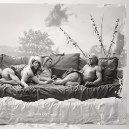 this is an old time black and white photo of two women lying on a couch