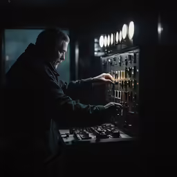 the man is operating the control panel in the dark