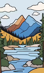 a river with mountains in the background and a wooden bridge leading to it