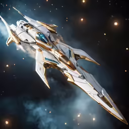 a white spaceship flying through the air