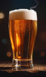 closeup of steaming beer glass on wooden table