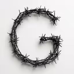 a letter made up of barbed wire and two hooks
