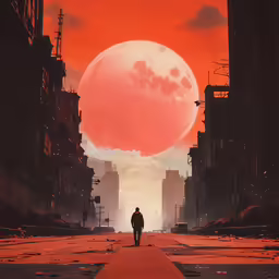 man in the street looking at the giant full moon