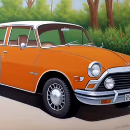 an old style orange car in a wooded area,the orange car is parked near the green trees