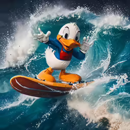 cartoon duck surfing on the ocean waves in his blue shirt