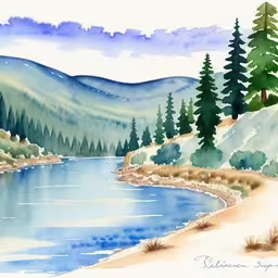 watercolor landscape painted in watercole using green fir trees,watercolor painting of a mountain scene by the river,a painting of a mountain and river with pine trees,a watercolor painting of trees and mountains,watercolor landscape with blue river and mountains