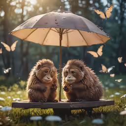 two animals that are sitting under an umbrella