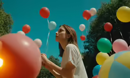 the young girl is holding balloons as she walks among them