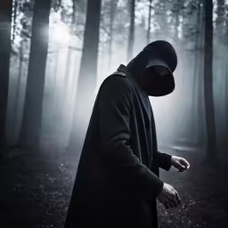a hooded man standing in the middle of a forest wearing a black suit