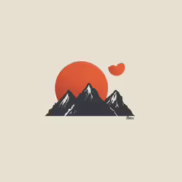 an abstract orange, blue, yellow and red sunset over two mountains