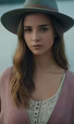 a young lady wearing a gray hat, pink cardigan and beige shirt