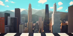 a large city with tall buildings, mountains in the background