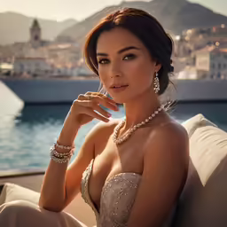 a woman posing for the camera while wearing an elegant outfit