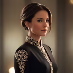 the woman is wearing an elaborate black coat