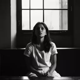 a woman sitting by an open window in the corner