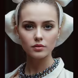 a girl with large bows and pearls on her head