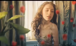 a woman staring into the distance while standing next to flowers