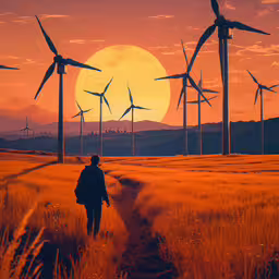 a person walking down a road past wind mills,a man walks through the wheat toward the sun