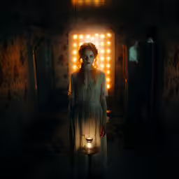 a lady in a white dress standing on a table with a light in her hand,a girl stands alone in a dimly lit hallway