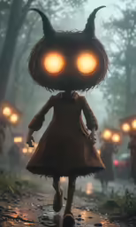 a creepy girl in a coat walks through the woods with two bright eyes