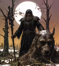 an image of a man walking in the woods with a boar