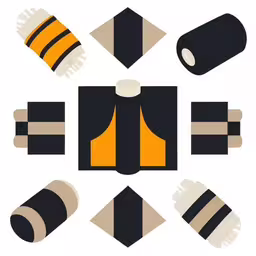 the design of a table cloth is made from black, white and orange,an image of set of different clothes in style,different sizes and colors of the same product,an illustrated design of different objects made from paper,paper model of some equipment for sports play