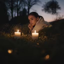 two candles in the grass with a woman laying next to them