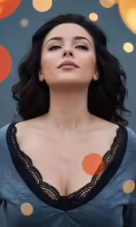 a woman with her chest covered in circles and polka dots