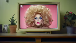 an image of a beautiful woman wearing big blonde hair on tv,a tv screen with an image of a woman on it