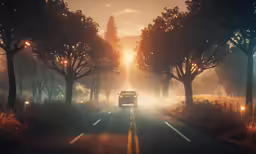 a truck driving down a road at dusk in a foggy forest
