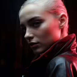 a woman wearing a black jacket with red lights on