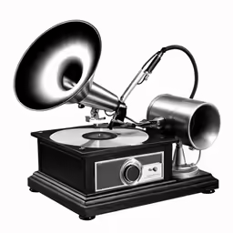 an antique record player with an old style microphone
